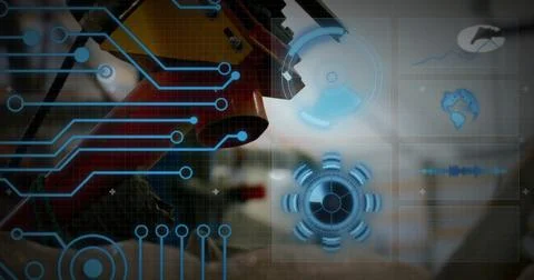 Image of circuit board and data processing over tool in workshop Foto stock