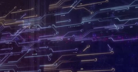 Image of circuit board and data processing over computer servers Stock Photos
