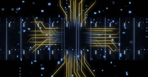 Image of circuit board and digital data processing over computer servers 库存插图