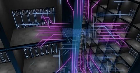 Image of circuit board and digital data processing over computer servers Stock Illustration