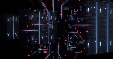 Image of circuit board and digital data processing over computer servers Illustrazione stock