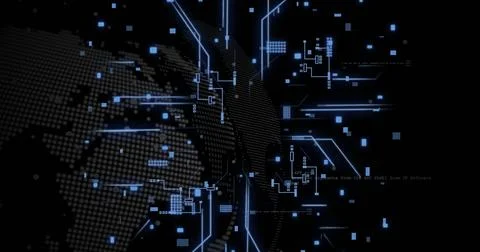 Image of circuit board and digital data processing over black background 스톡 일러스트