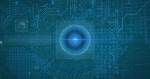 Image of circuit board and digital data processing over blue background Illustrazione stock