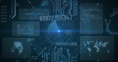Image of circuit board and digital data processing over black background 스톡 일러스트