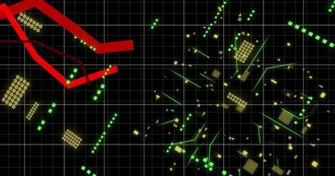 Image of circuit board and digital data processing over red lines Stock Illustration