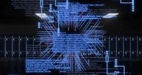 Image of circuit board and digital data processing over computer servers 库存照片