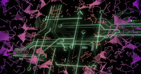 Image of circuit board and network of connections over black background Illustrazione stock