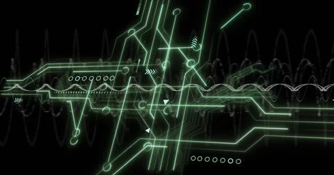 Image of circuit board and network of connections over black background Illustrazione stock