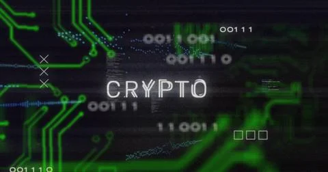 Image of circuit board, crypto text and data processing over black background Stock Photos