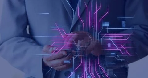 Image of circuit board with data processing over caucasian man using smartphone Stock Photos