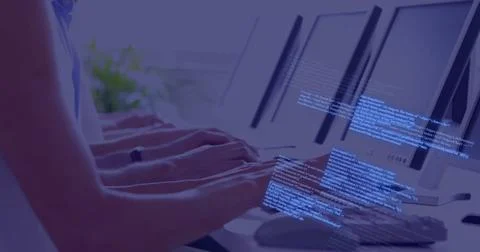 Image of circuit board with data processing over diverse people using computers Foto stock