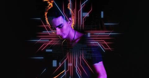 Image of circuit board with data processing over caucasian man using keyboard Stock Photos