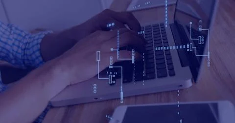 Image of circuit board with data processing over caucasian man using laptop Foto stock