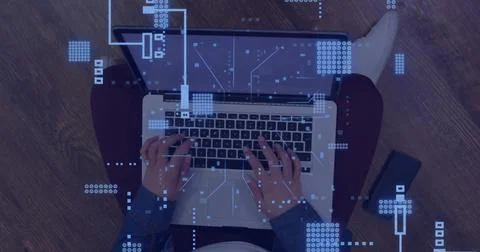 Image of circuit board with data processing over caucasian man using laptop 스톡 사진