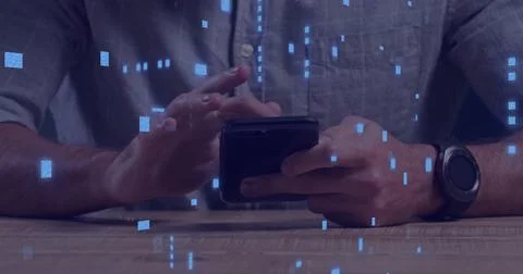 Image of circuit board with data processing over caucasian man using smartphone Stock Photos