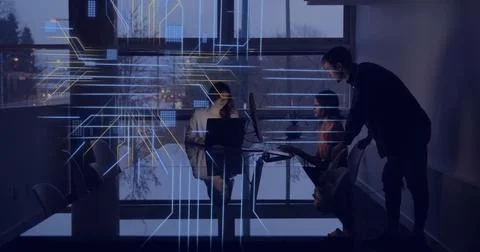 Image of circuit board with data processing over diverse people in office with 스톡 사진