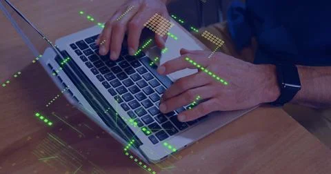 Image of circuit board with data processing over caucasian man using laptop 写真素材