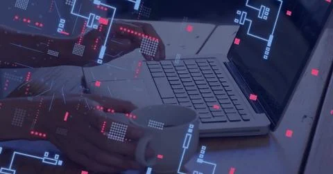 Image of circuit board with data processing over caucasian man using laptop 스톡 사진