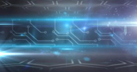 Image of circuit board elements with network of hexagons and glowing lights Illustrazione stock