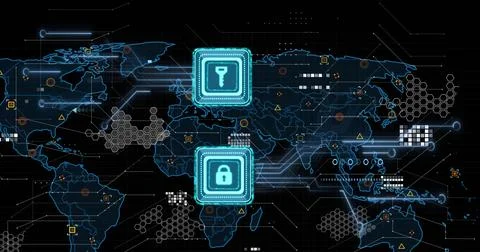 Image of circuit board, key and padlock icon and network of connections over Illustrazione stock