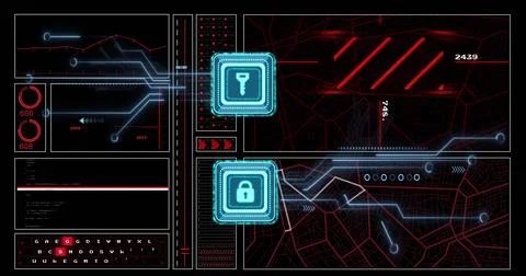 Image of circuit board, key and padlock icon and network of connections over Illustrazione stock