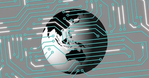 Image of circuit board pattern and rotating globe over gray background Illustrazione stock