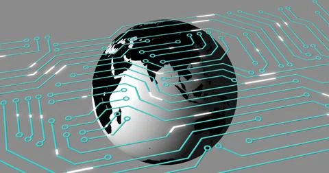 Image of circuit board pattern and rotating globe over gray background Illustrazione stock