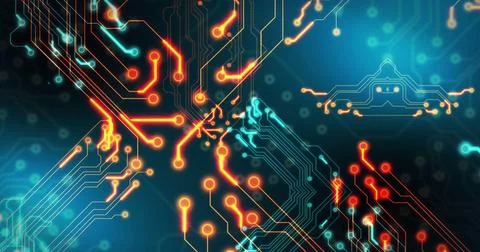 Image of circuit board pattern and computer language over black background Stock Photos