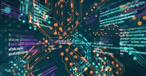 Image of circuit board pattern and computer language over black background Stockfoto's