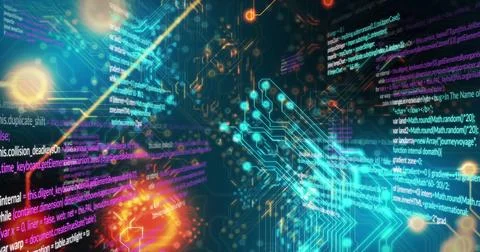 Image of circuit board pattern and computer language over black background Stock Photos