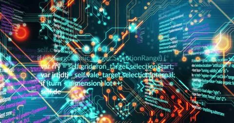 Image of circuit board pattern and computer language over black background Stock Photos