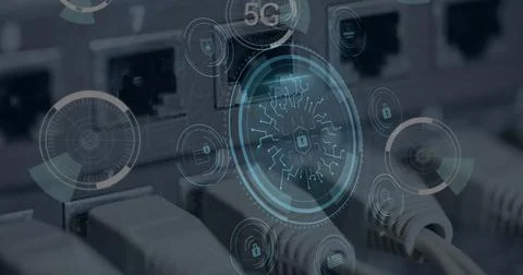 Image of circuit board pattern and padlocks in shield and icons, 5g text, back Stock Photos