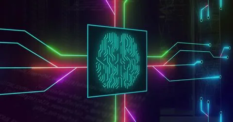 Image of circuit board pattern around brain over computer language against イラスト素材