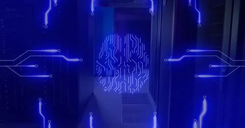 Image of circuit board pattern around brain against server room in background Illustrazione stock