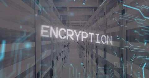 Image of circuit board pattern around binary codes and encryption text over Stockfoto's