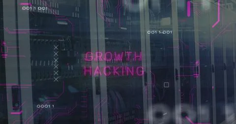 Image of circuit board pattern around growth hacking text and binary codes over Stockfoto's