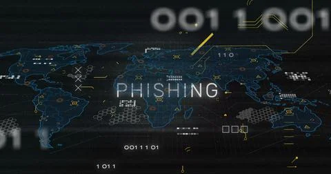 Image of circuit board pattern around phishing text over map against black 写真素材