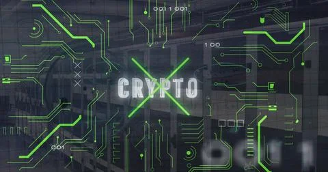 Image of circuit board pattern, binary codes and crypto text over server room Stock Illustration