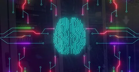 Image of circuit board pattern brain over data server systems in server room Illustrazione stock