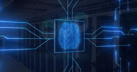 Image of circuit board pattern brain over data server racks in server room Stock Illustration