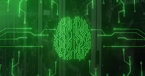 Image of circuit board pattern forming brain over connected dots on server room Stock Illustration