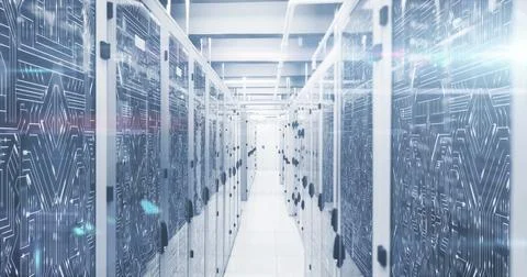 Image of circuit board pattern, infographic interface and lens flare over server Stockfoto's