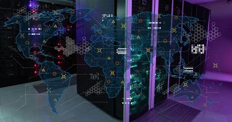 Image of circuit board pattern on map over data server racks in server room Stock Photos