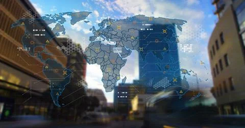 Image of circuit board pattern on map, low angle view of buildings and Stock Photos
