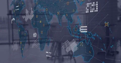 Image of circuit board pattern on map and geometric shapes over empty office Stock Photos
