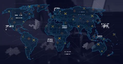 Image of circuit board pattern on map and geometric shapes over midsection of Stock Photos