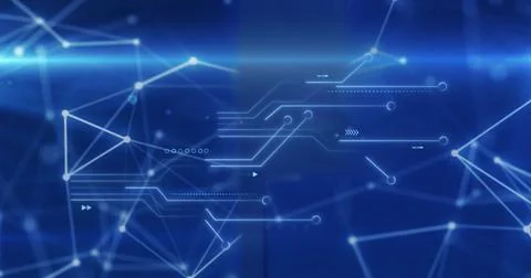 Image of circuit board pattern over connected dots against abstract background Fotos de archivo