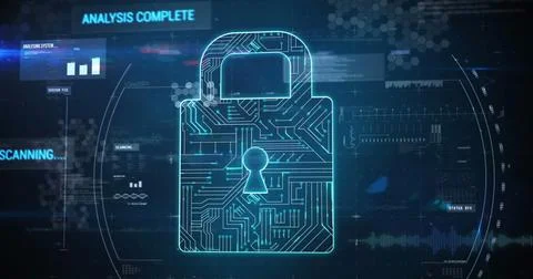 Image of circuit board pattern in padlock, graph and multiple texts over bl.. Stock Photos