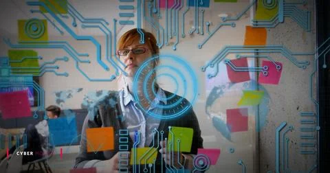 Image of circuit board patterns and circle, caucasian woman thinking and wr.. Foto stock