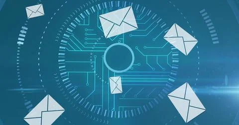 Image of circuit board scope scanning with floating digital envelopes Stock Illustration